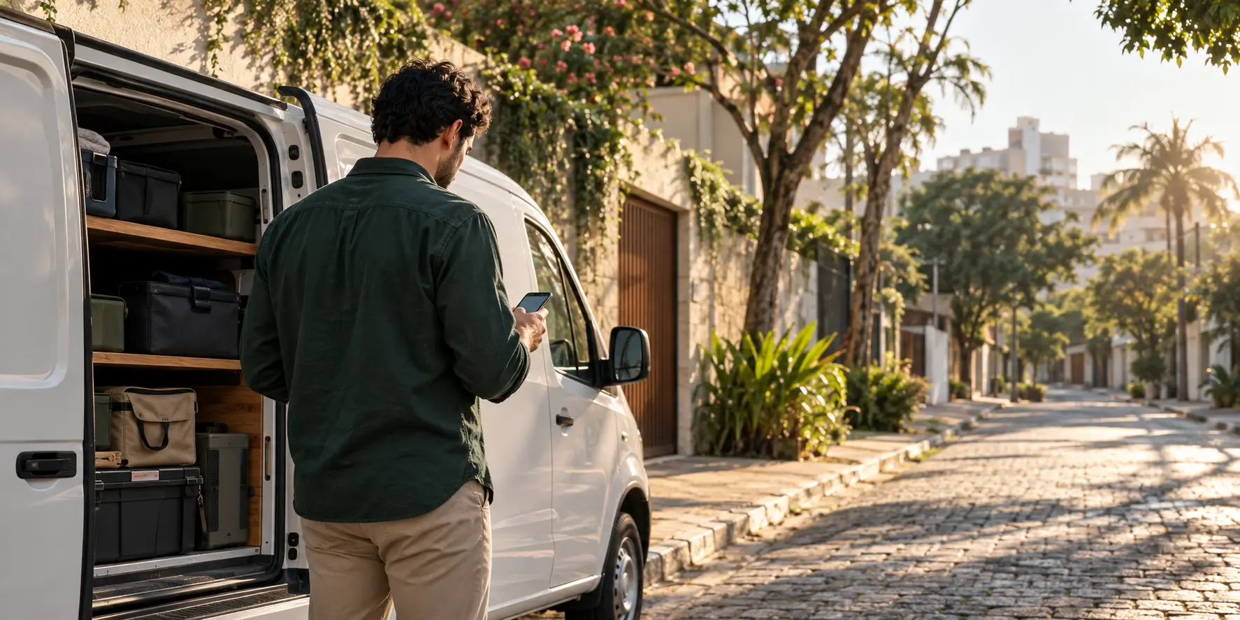 Local service professional checking a phone beside a utility vehicle on an urban street.