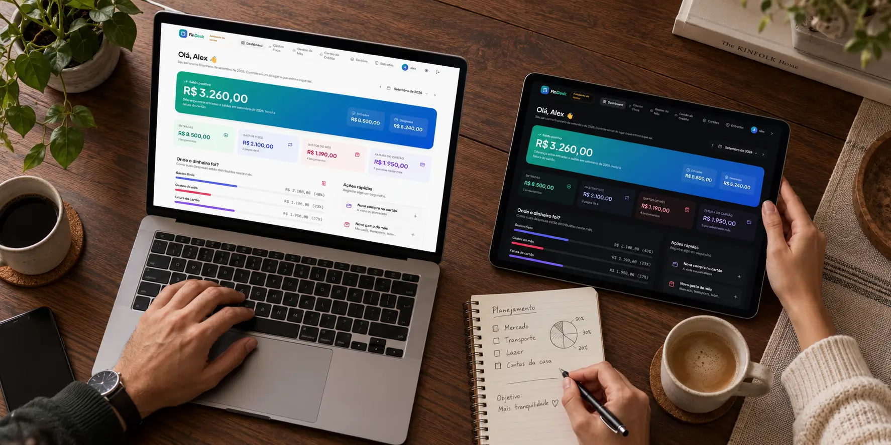 Composition of FinDesk light and dark interfaces featuring its financial dashboard, cards, and monthly overview.